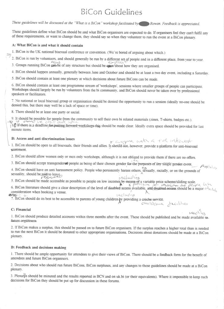 Original draft of the BiCon Guidelines, with notes from Ian